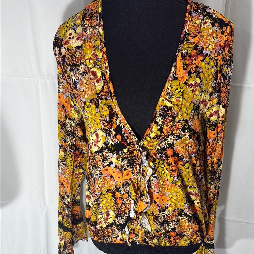 Free People Yellow and Orange Tie Front Bodysuit Size SP